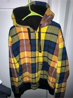 FOX Plaid Hooded Zip-Up Jacket in Yellow, Navy & Brown